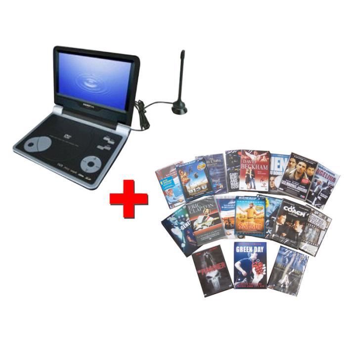 pack lecteur dvd portable tv avec décodeur tnt + 20 films dvd