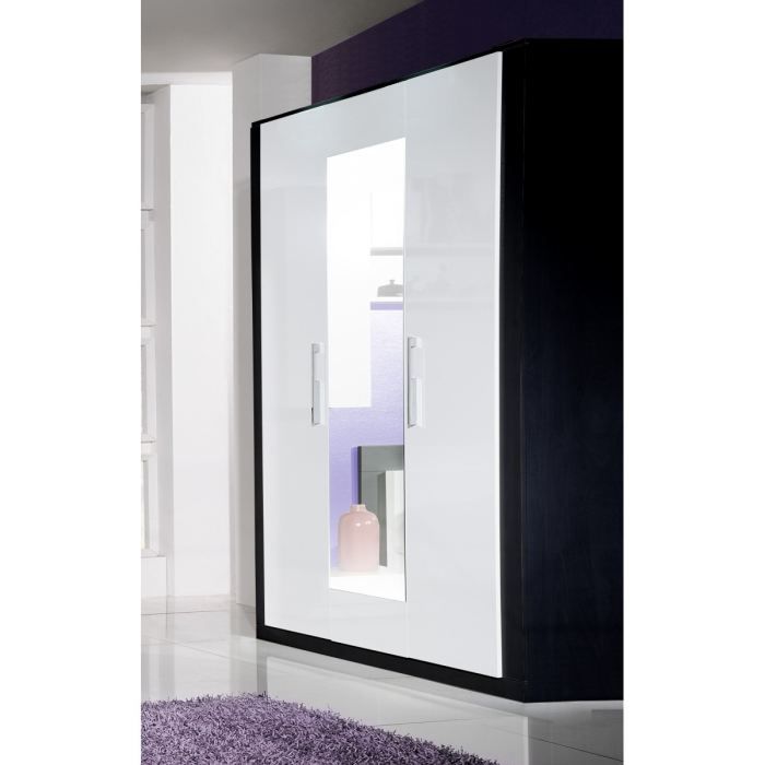 Armoire design 3 portes/3 tiroirs noir laqué/blanc Orphea  Armoire 3 portes