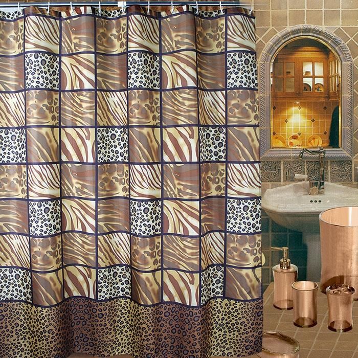 Rideau de Douche Marron Café Motif de grille Leopard 180*200cm(72"W