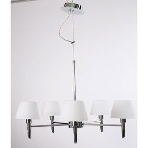 Lustre - suspension Odissey - Lustre chromé 5 lumieres - Abat-jour en verre opale blanc