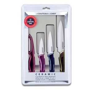 LE COUTEAU DU CHEF Coffret 1 éplucheur + 1 couteau d'office + 1 couteau ? steack + 1 couteau cuisine manche métallisé