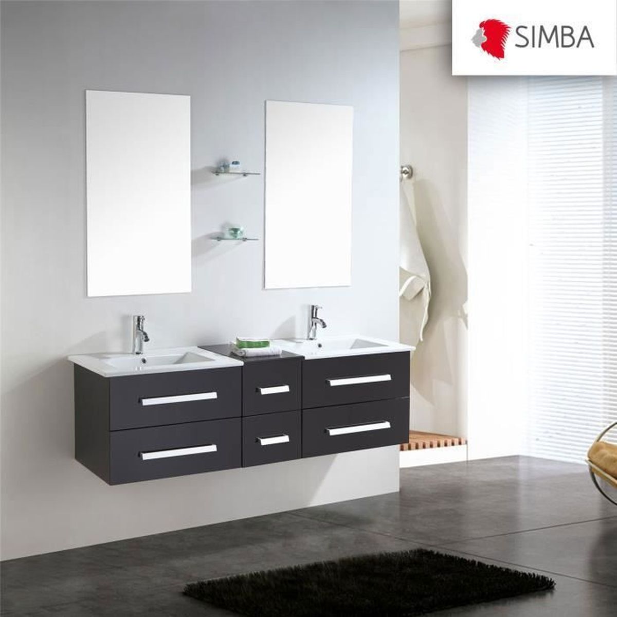 Meuble salle de bain 150 cm noir set vasque robinetterie rome ...
