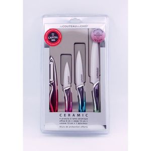 LE COUTEAU DU CHEF Coffret 1 éplucheur + 1 couteau d'office + 1 couteau ? steack + 1 couteau cuisine manche métallisé Tie Die