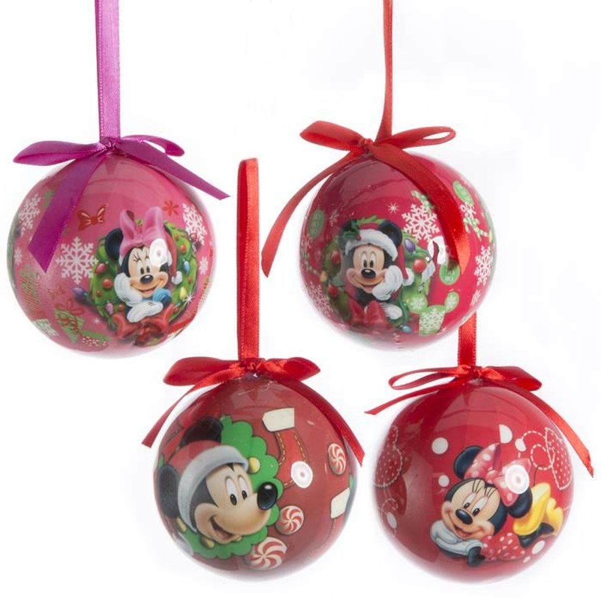 Lot de 4 boules de Noël Disney avec Mickey et Minnie Rouge - Achat 