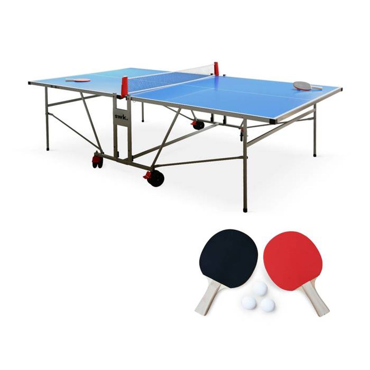 Table de ping pong OUTDOOR bleue, avec 2 raquettes et 3 balles, pour