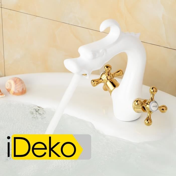 Mitigeur lavabo salle de bain en laiton c&eacute;ramique Dragon pendre blanc