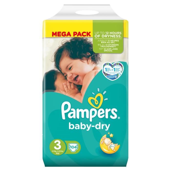 PAMPERS Baby Dry Taille 3, 4 à 9kg 104 couches Vert Blanc Achat