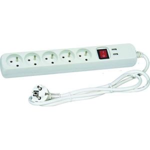 VOLTMAN Bloc blanc 5 prises 2 Pôles + terre + 2 ports USB - Avec interrupteur