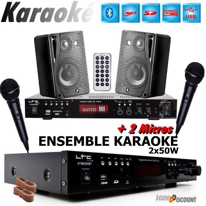 PACK KARAOKÉ + 2 MICROS + 1 AMPLI USB BLUETOOTH + 2 ENCEINTES HIFI