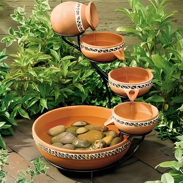 Fontaine Solaire Extérieur 4 Niveaux Teamson Home - Cascade Terracotta Avec Éclairage LED