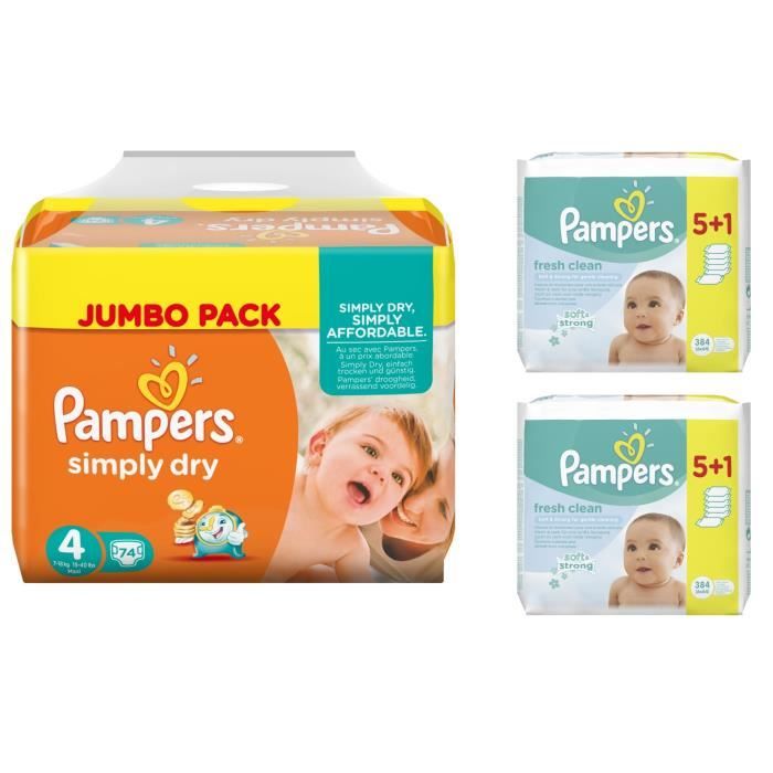 Pampers Simply Dry Taille 4 Maxi 718kg 74 Couches + 768 Lingettes Pampers Fresh Clean Achat