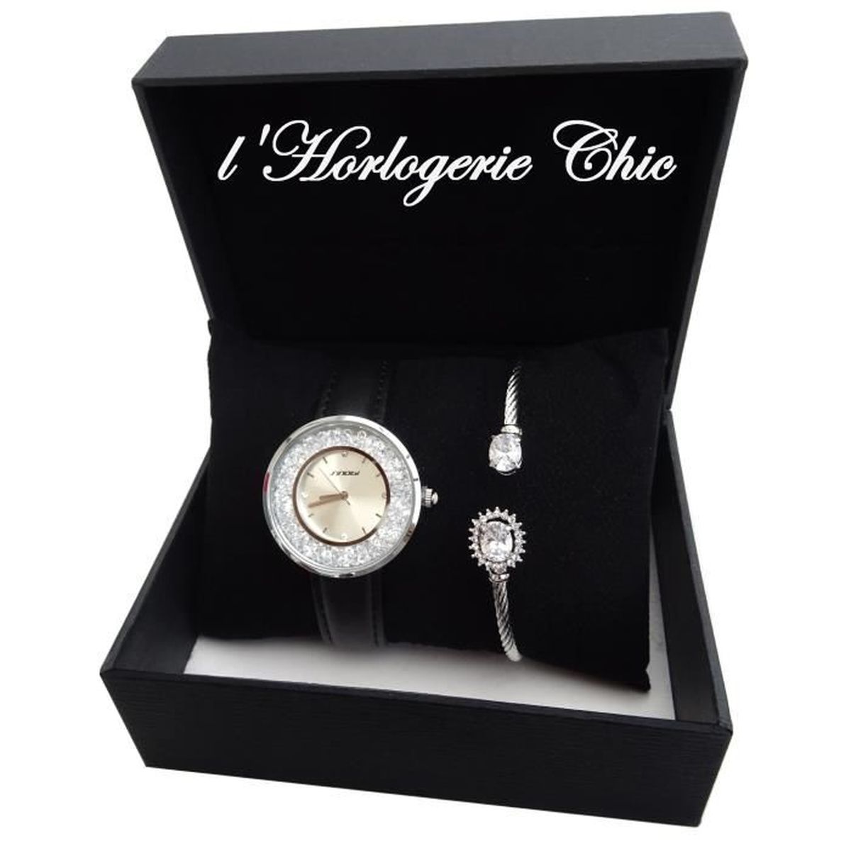 COFFRET IDÉE CADEAU FEMME MONTRE ROND NOIR CUIR PARURE + BRACELET ARGENT STRASS Achat / Vente