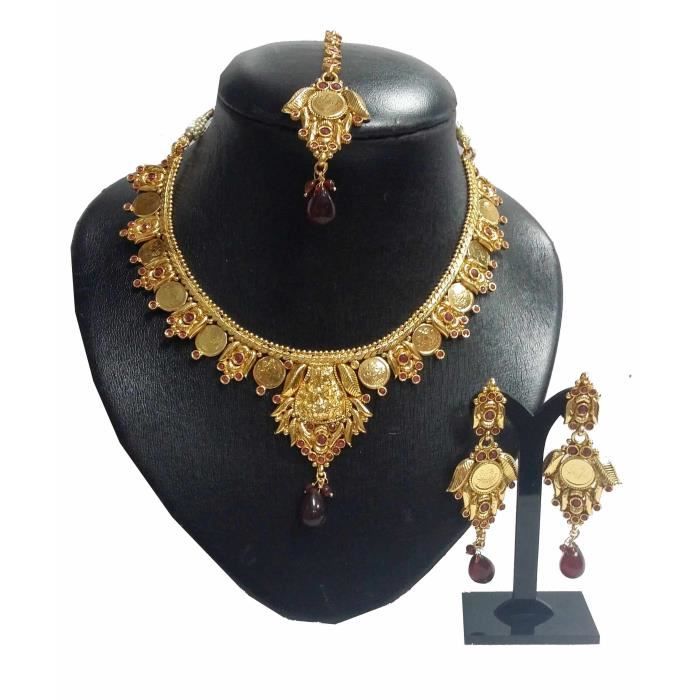 Parure Indienne Doré collier, Bijou de front et Boucles 4 Pcs Bijou