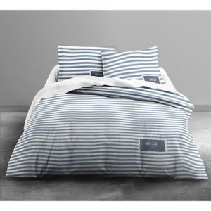 FINLANDEK Parure de couette Leea Salt 100% coton - 1 housse de couette 240x260 cm + 2 taies 63x63 cm bleu et blanc