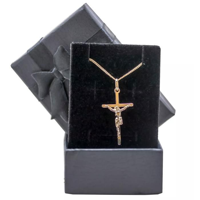 ASCALIDO Pendentif Croix Catholique Plaqué Or 18k - Chaine 50cm Avec Coffret Pour Communion