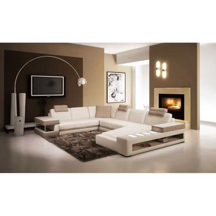 canapé d'angle panoramique cuir blanc/taupe rio Achat / Vente salon