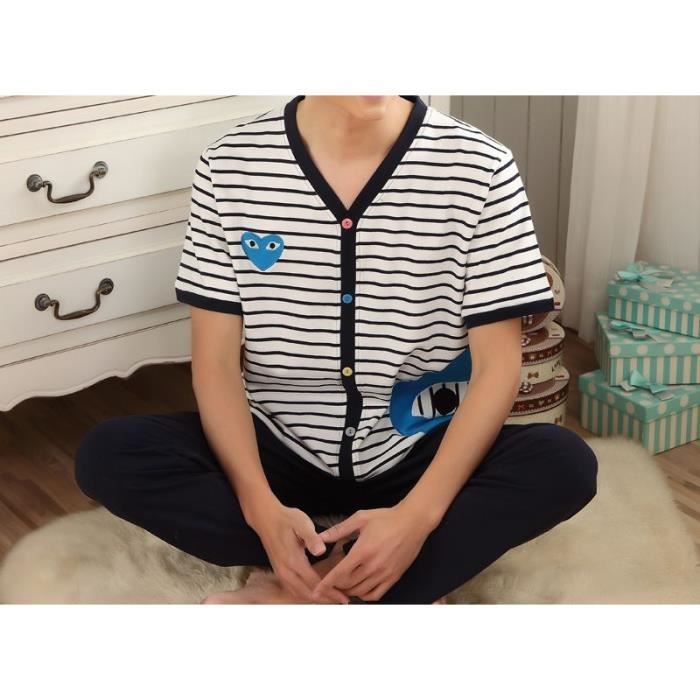 Chemise De Nuit Homme Coup De Coeur Pyjama Rayé Homme Coton Blanc Noir Coeur - Achat / Vente chemise de