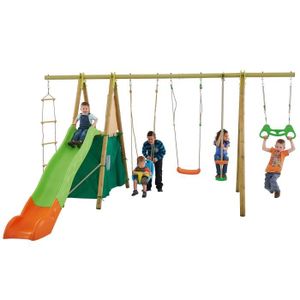 BALANCOIRE / PORTIQUE en bois AMCA 2,30 m avec 1 Toboggan et 4 agr?s 2,63 m
