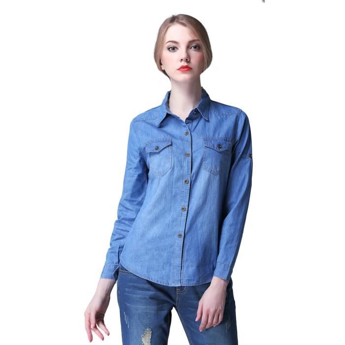 Eozy Chemise En Jean Manches Longues Femme Bleu Clair Achat Vente Chemise Chemisette 