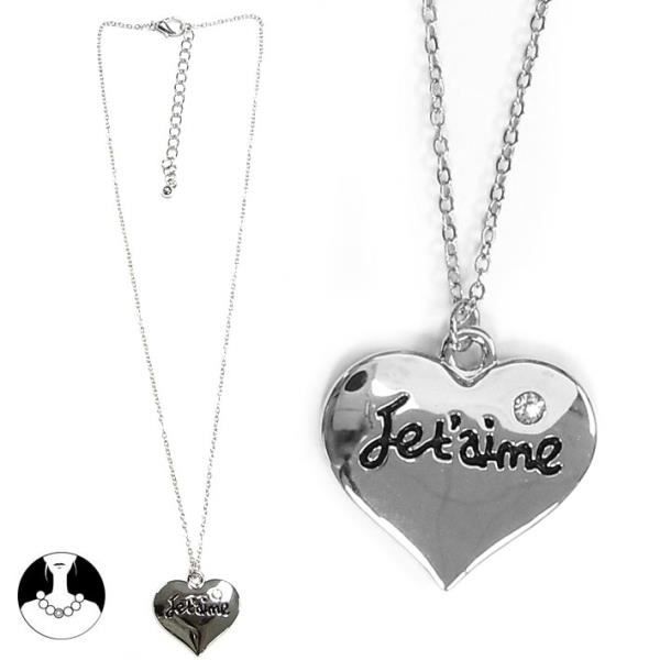 Collier chaîne argenté avec coeur je t aime strass Achat Vente