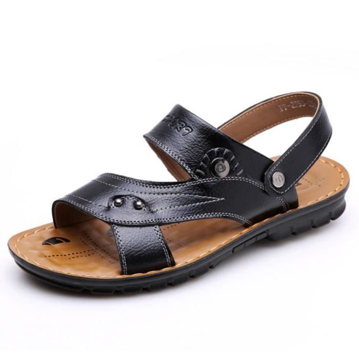 Hommes Sandales en cuir chaussures de plage Noir Noir Achat / Vente