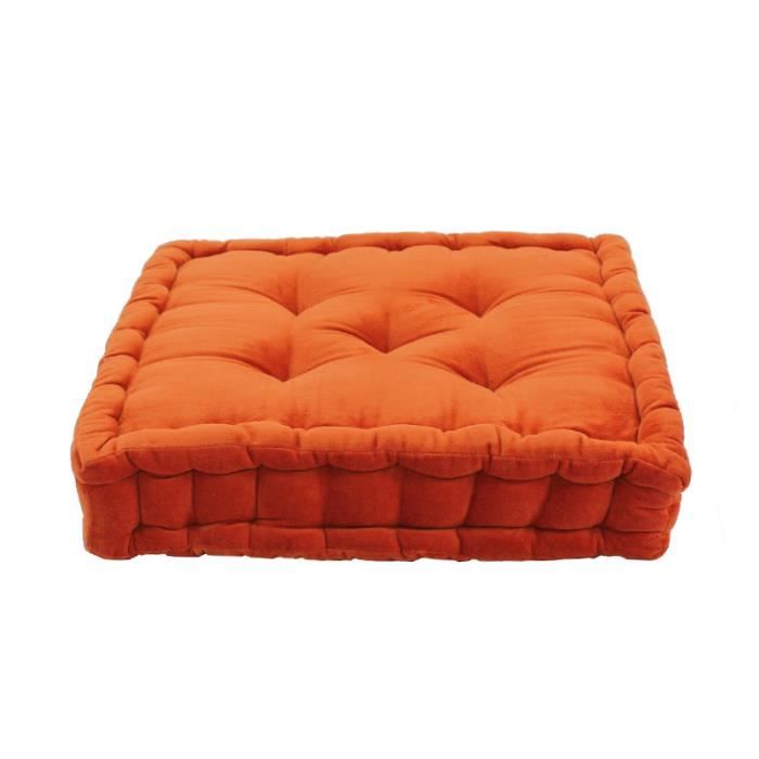 Pouf tapissier ARTHUR Orange Velours de coton (40x40x8cm) Un pouf