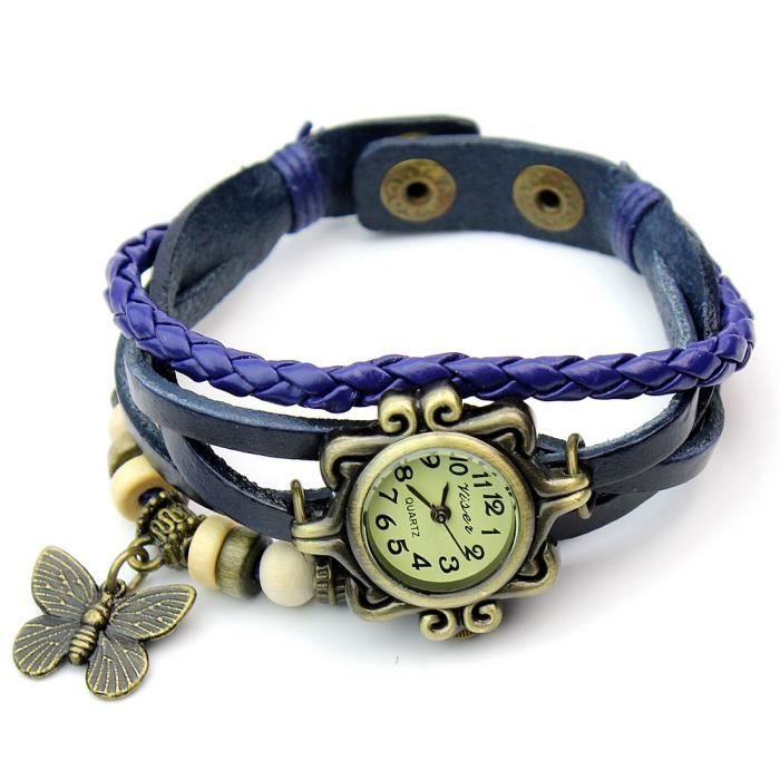 Femme Montre Bracelet Cuir faux Quartz R&eacute;tro Perl&eacute;s Bijoux Cadeau