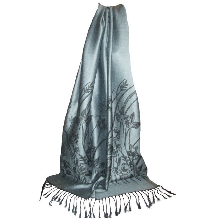 Étole Femme Fine En Pashmina Et Soie - Motif Guirlande Fleurs - Dimensions 66x175 Cm (avec Franges)