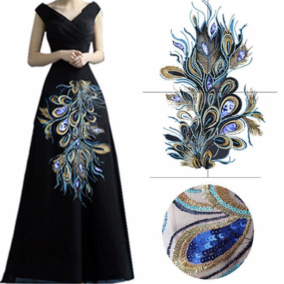 Plume Paon Broderie De Fleurs De Paon, Application De Patchs En