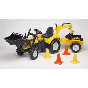 FALK Tractopelle Constructor Avec Selle Tournante Et Excavatrice + Casque + Remorque + 4 Cones Souples