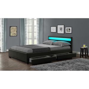 STELLAR Lit adulte tiroirs + LED 160x200cm noir + sommier inclus