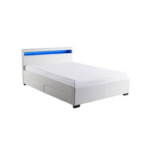 STELLAR Lit adulte tiroirs + LED 160x200cm blanc + sommier inclus