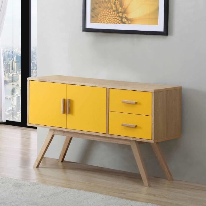 Buffet en bois Largeur 120cm avec 2 portes et 2 tiroirs VINTAGEJaune