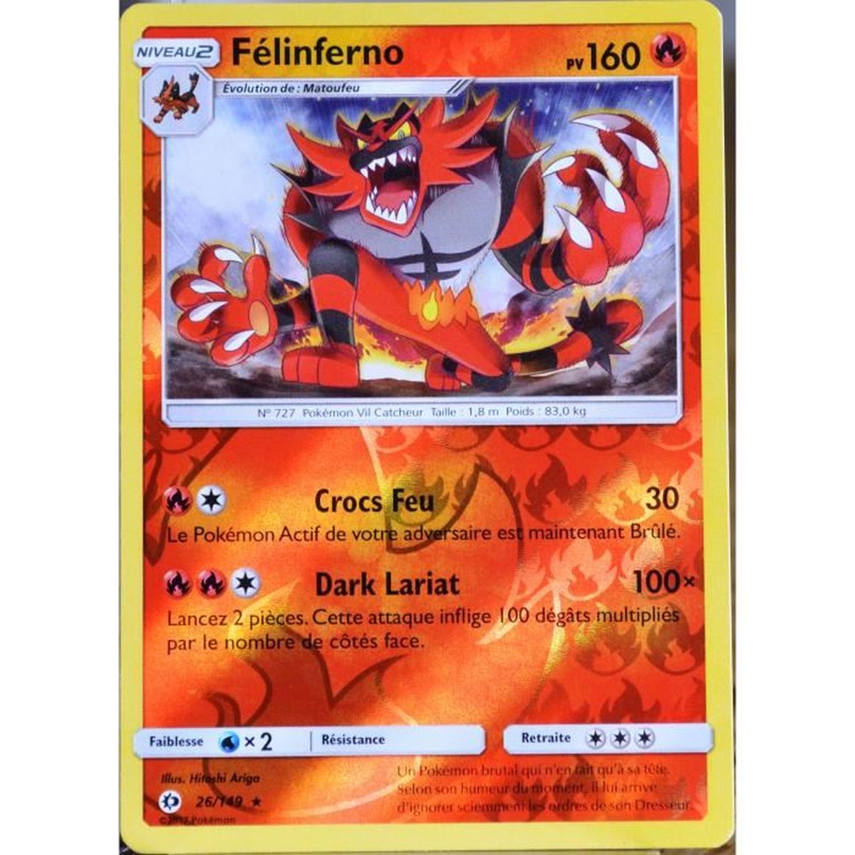 carte Pokémon 26 149 Félinferno 160 PV REVERSE SM1 Soleil et Lune