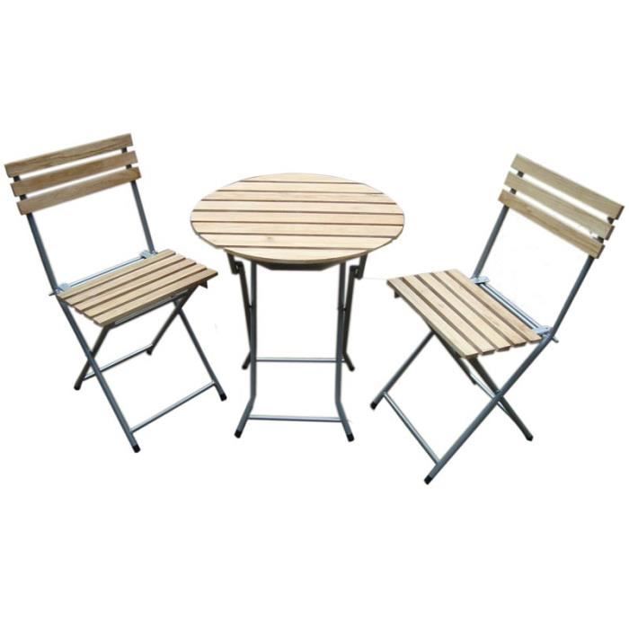 Ensemble bistrot/ pr jardin, table + 2 chaises, ronde, pliantes, métal