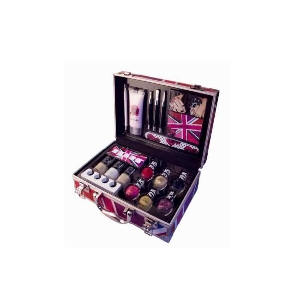 Malette Union Jack Case 4216420 , Pour des ongles parfaits , 9 vernis , 1 lime , Une crème pour les mains , Un crayon blanc , Des pochoirs, et tout un set