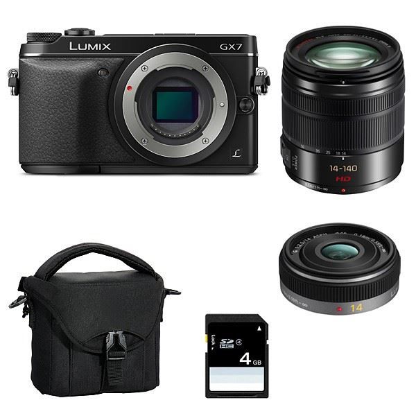 PANASONIC LUMIX GX7 Noir + 14 + 14 140 + Sac + Carte SD 4 Go Avec le