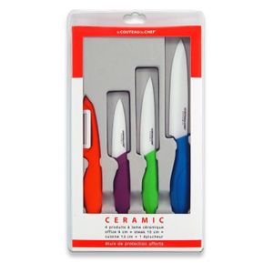 LE COUTEAU DU CHEF Coffret 1 éplucheur + 1 couteau d'office + 1 couteau ? steack + 1 couteau cuisine manche multicolor