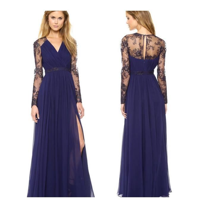 robe longue en mousseline de soie avec broderie jointif Bleu Achat