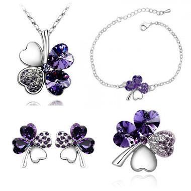 Trèfle violet cristal autrichien costume de bijoux,Collier + boucles