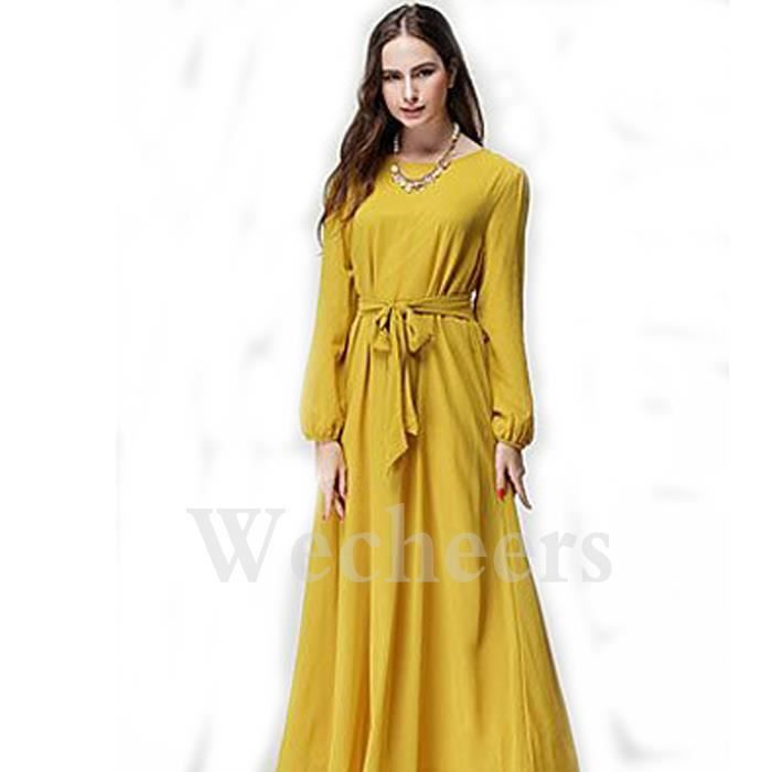 Femmes élégant Robe Manche Longue Mousseline caftan De Soie Soirée Robe De Bal Maxi Avec Ceinture.Femmes Abaya Ceinture En Mousseline De Soie Manches