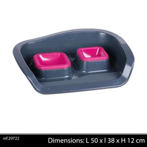 Gamelle double avec plateau 50x38x12 cm - Gris et fuchsia - Pour chien