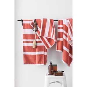 FINLANDEK Set de 2 Draps de douche 70x140 cm + 1 Serviette 50x100 cm KYLPY rayures corail et blanc