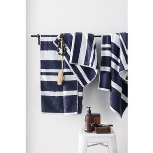 FINLANDEK Set de 2 Draps de douche 70x140 cm + 1 Serviette 50x100 cm KYLPY rayures bleu marine et blanc