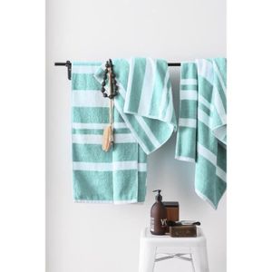 FINLANDEK Set de 2 Draps de douche 70x140 cm + 1 Serviette 50x100 cm KYLPY rayures vert menthe et blanc