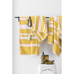 FINLANDEK Set de 2 Draps de douche 70x140 cm + 1 Serviette 50x100 cm KYLPY rayures jaune moutarde et blanc