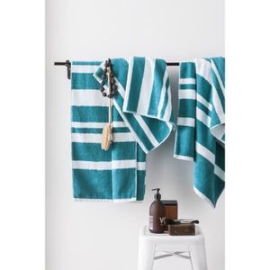 FINLANDEK Set de 2 Draps de douche 70x140 cm + 1 Serviette 50x100 cm KYLPY rayures bleu pétrole et blanc
