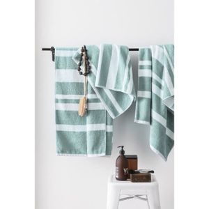FINLANDEK Set de 2 Draps de douche 70x140 cm + 1 Serviette 50x100 cm KYLPY rayures vert de gris et blanc