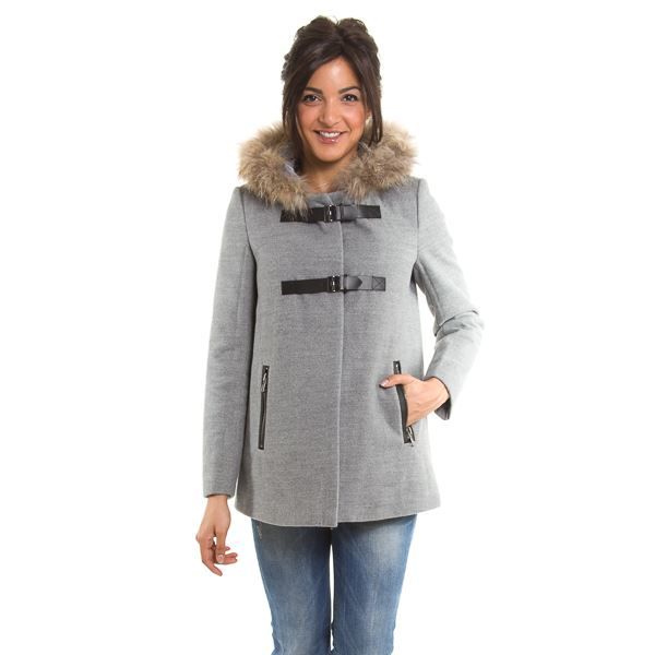 vetements cuir Manteau gris capuche fourrure