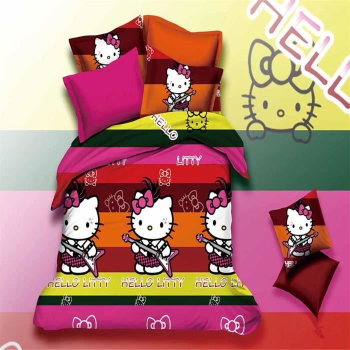 Parure De Lit Hello Kitty Microfibre 3 Pièces - Housse Couette 200x200 Cm + 2 Taies, Motif Numérique 3D